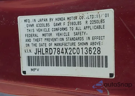 2002 Honda Cr-V Lx из США, поврежденный, VIN JHLRD784X2C013828